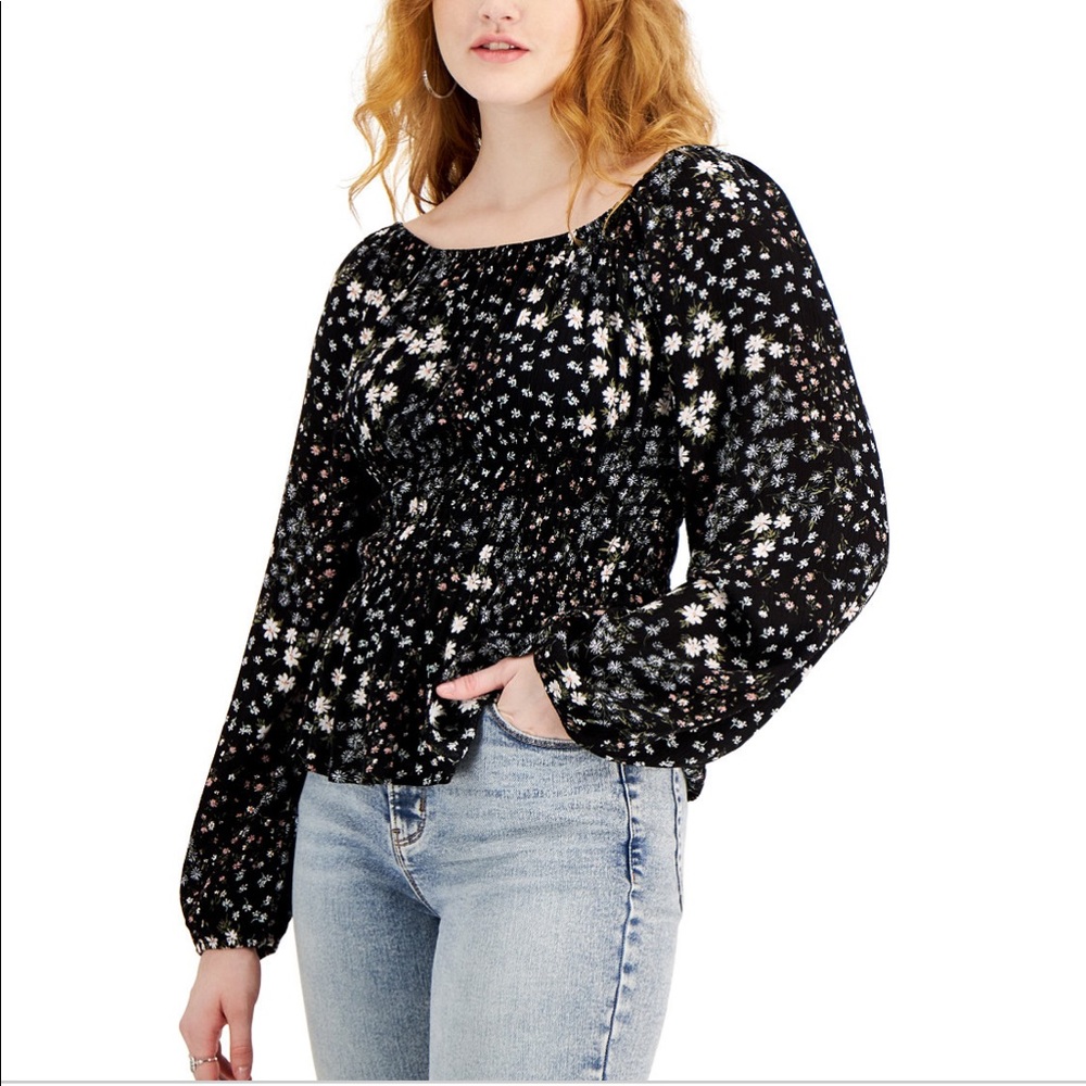 Hippie Rose black pink floral blouse size large.